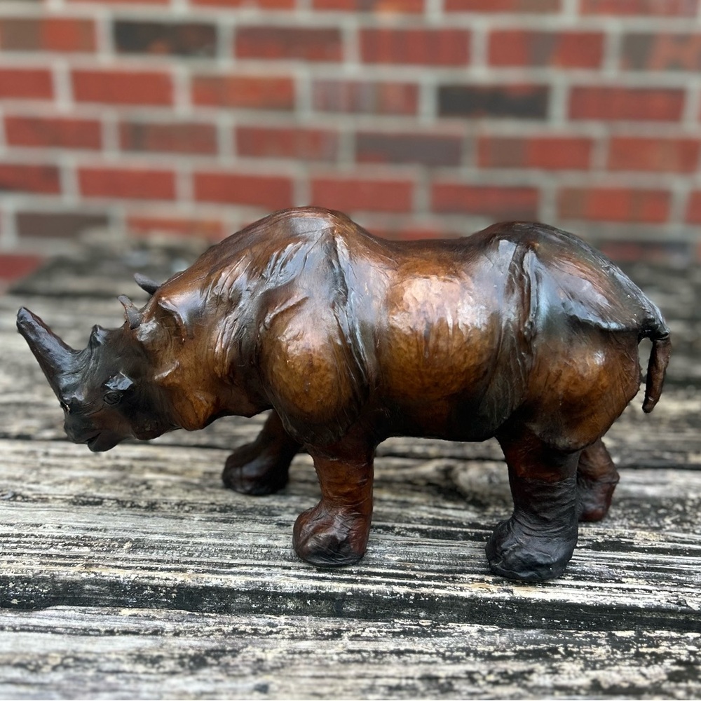Vintage Brown Leather Rhinoceros Rhino Sculpture